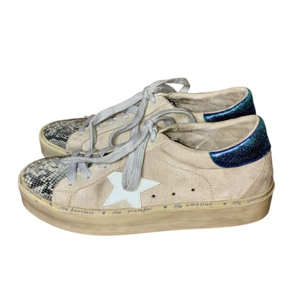 Shu Shop Tan Beige Tan Suede Sneakers Shoe Star and Blue Accents Style 00000514